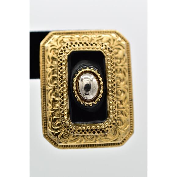 1928 Vintage Clip On Earrings Antiqued Gold Black Enamel Chunky Rectangle BinAZ - Picture 7 of 12